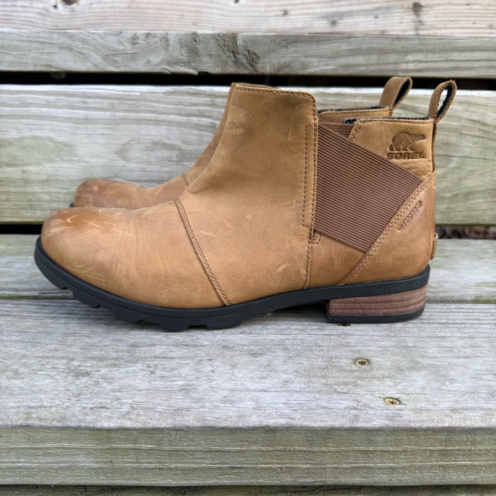 Sorel Emelie Leather Chelsea Ankle Boots Camel Brown NL2671-224 Waterproof 10.5